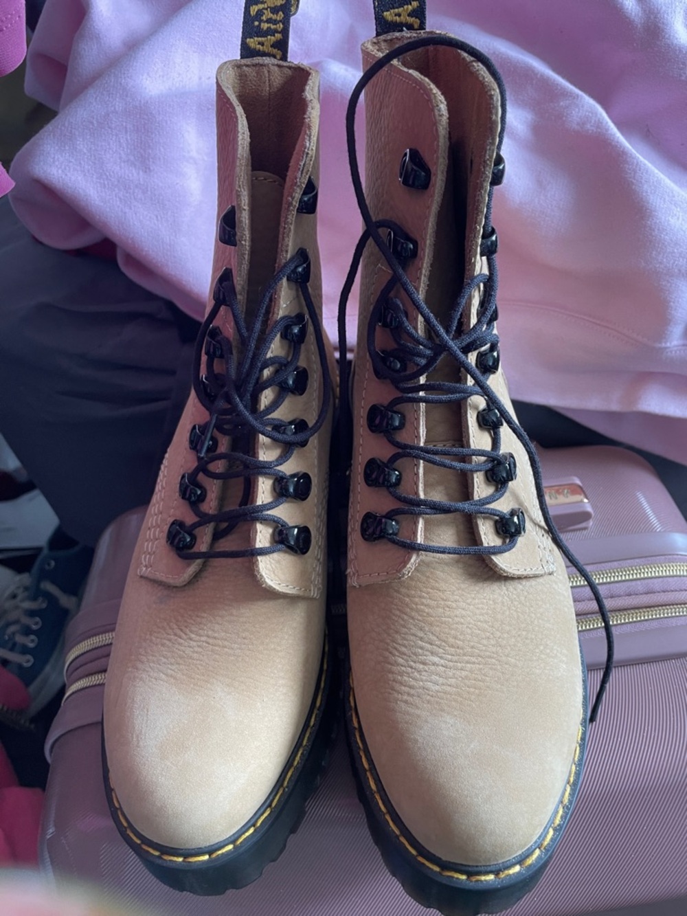 Dr. Martens Tan Leather Lace-Up Combat Boots with Black Accents